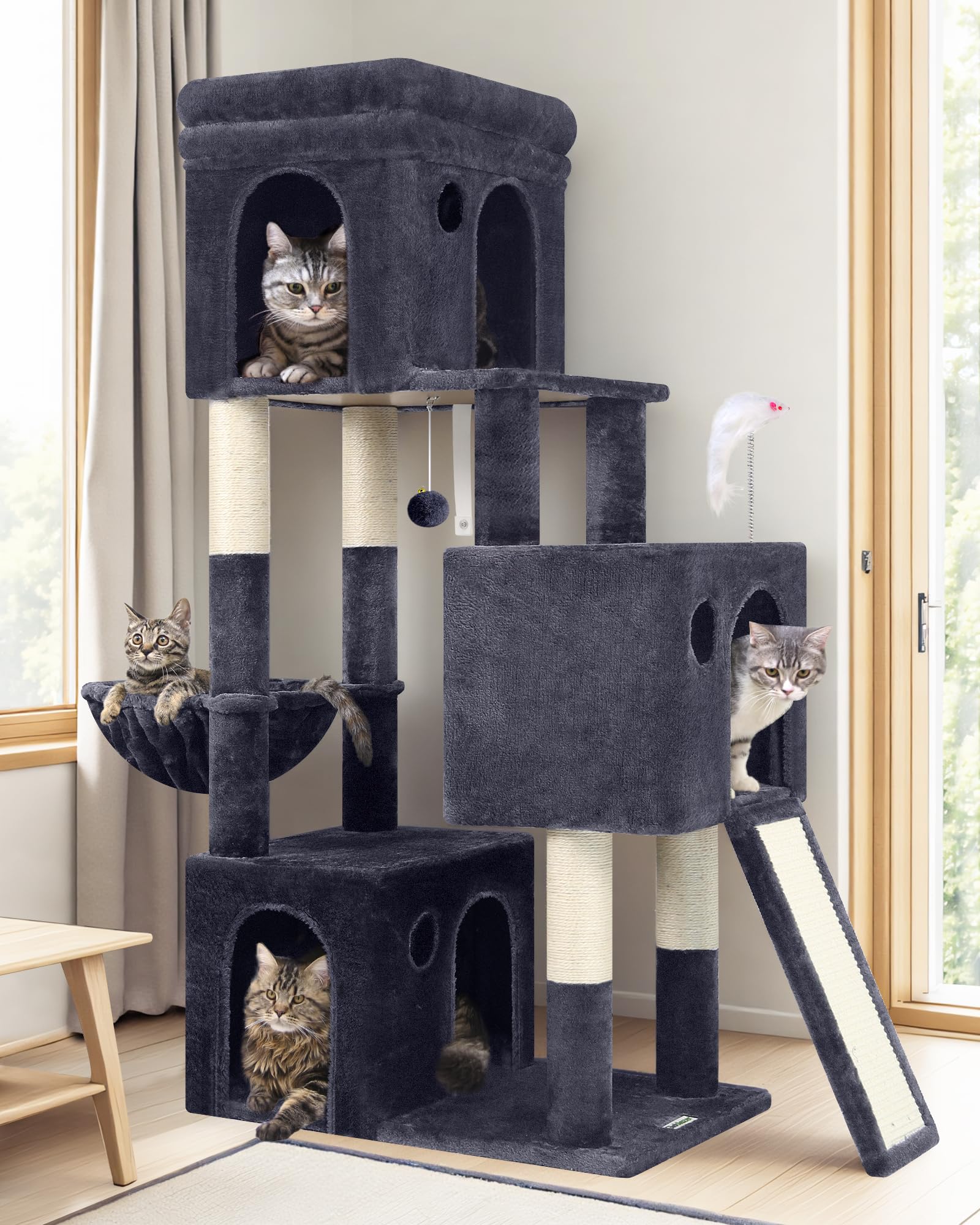 Globlazer cat tower 52-inch full assembly showcases sturdy multi-cat play area.