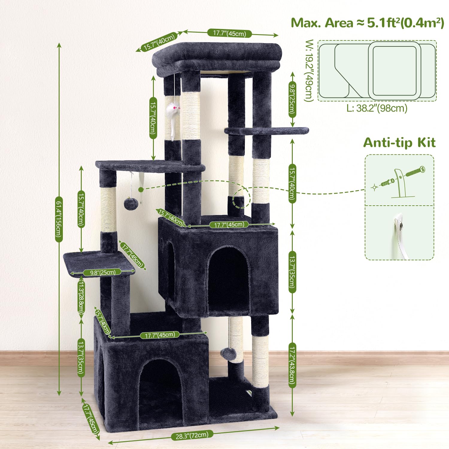 Globlazer cat tower 61in dark grey finish blends with modern interiors.