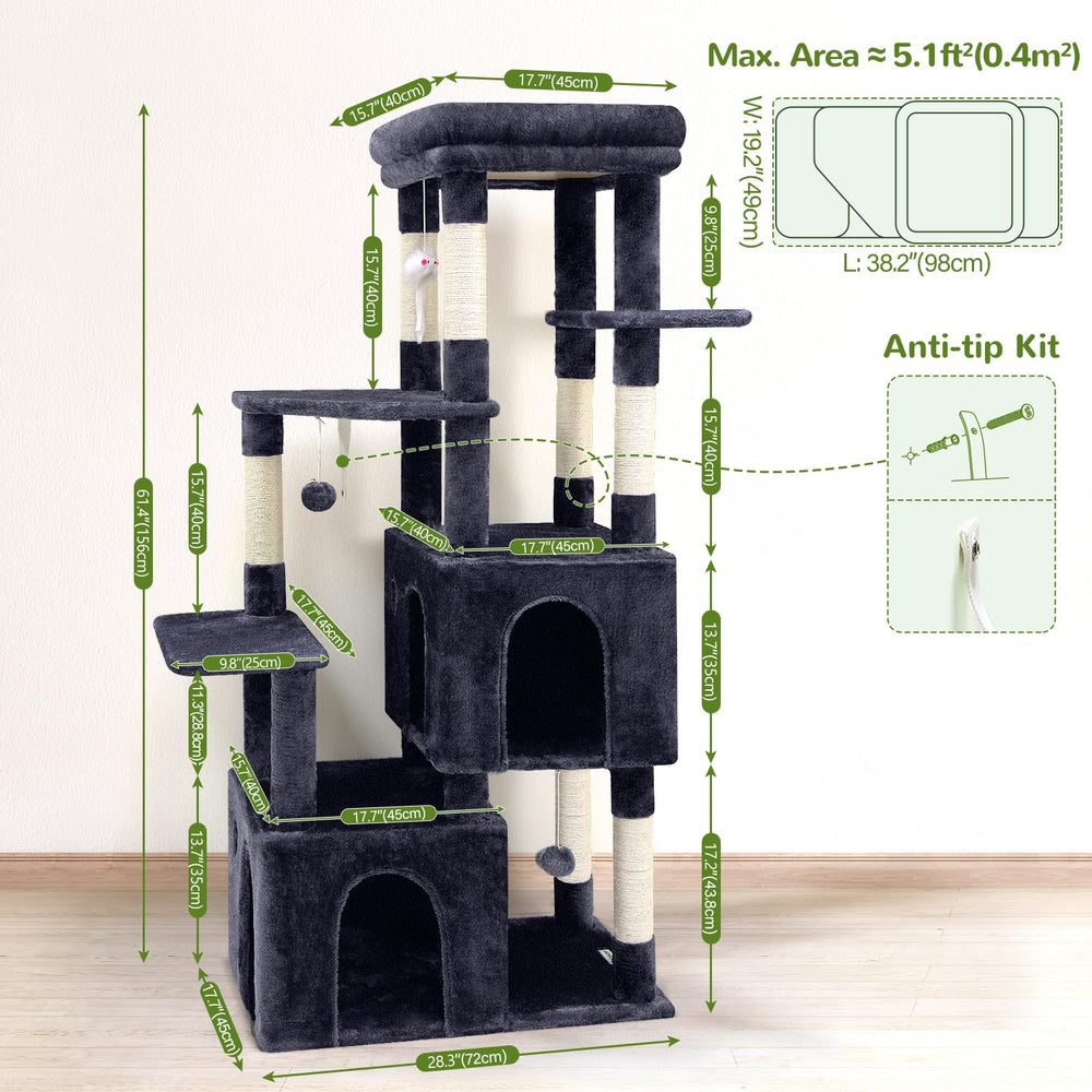 Globlazer cat tower 61in dark grey finish blends with modern interiors.
