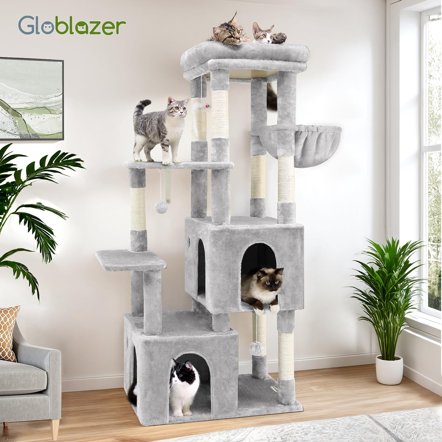 Globlazer cat tower assembly-kit-ready packaging enables quick setup.