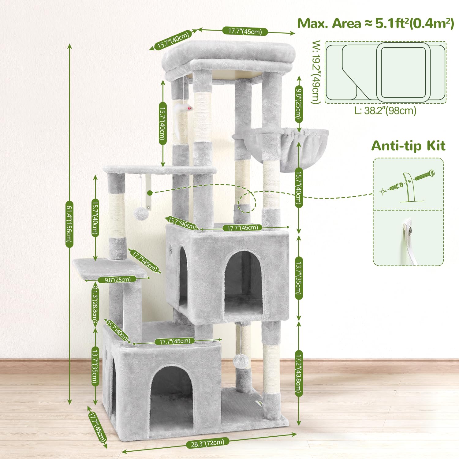 Globlazer cat tower cloud-grey finish blends with décor and interiors.
