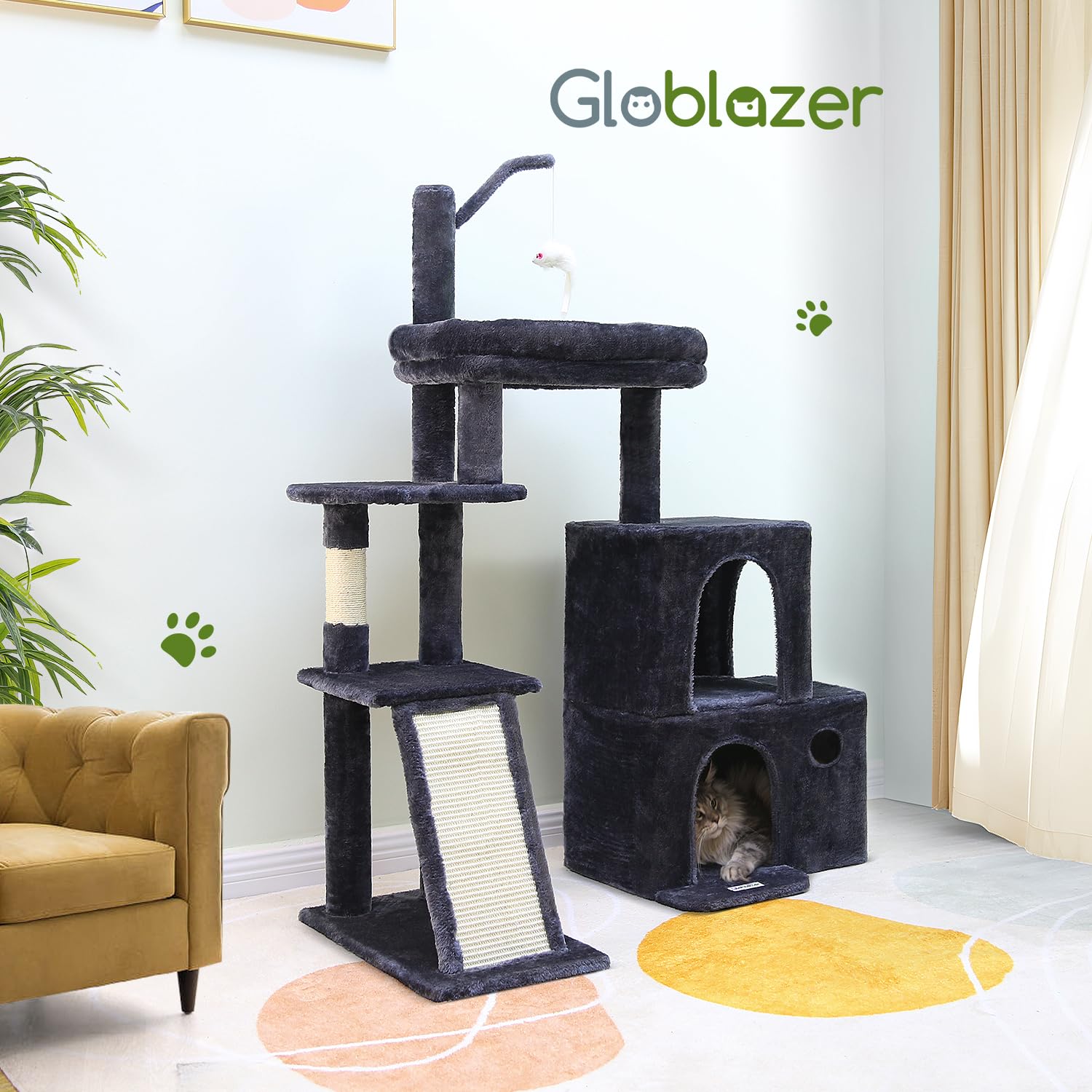 Globlazer cat tower in-use image shows a cozy space for indoor felines.