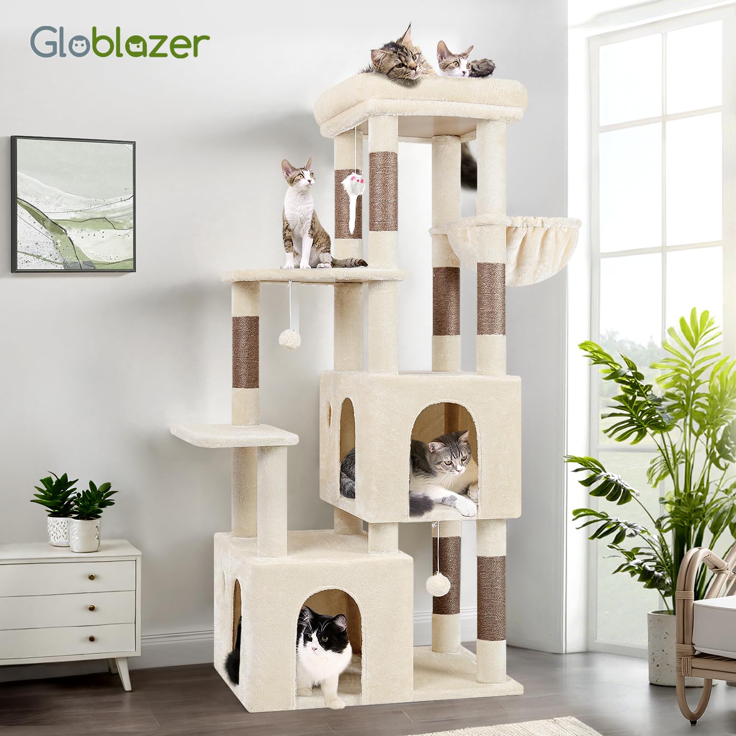 Globlazer cat tower indoor play area suitable for large breeds like Maine Coons.