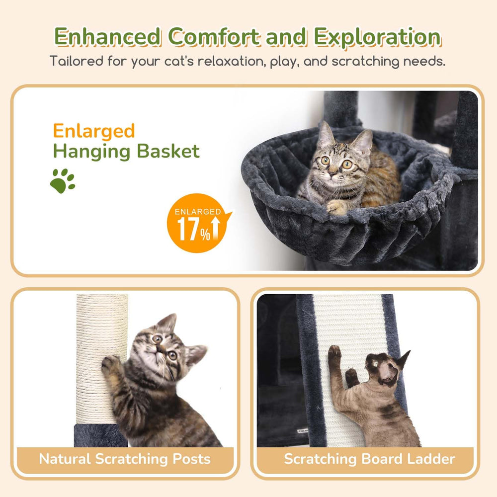 Globlazer cat tower large base and anti-tip strap stabilizes busy play sessions.