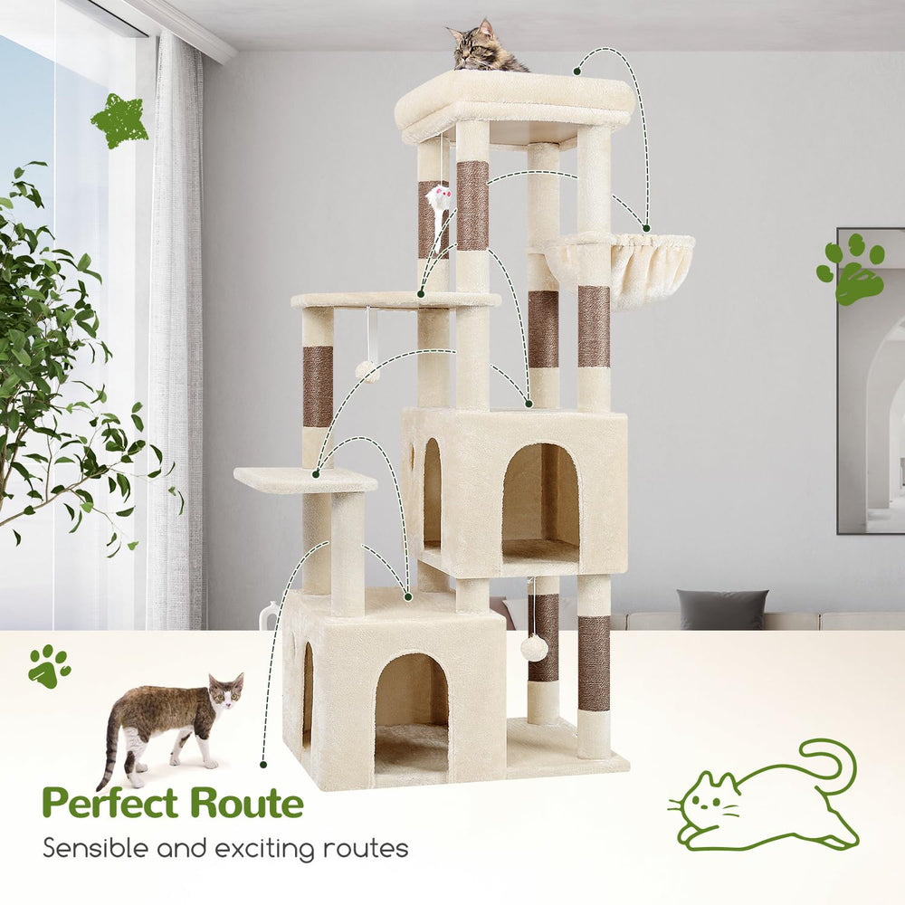 Globlazer cat tower beige finish blends with home decor while supporting large cats.