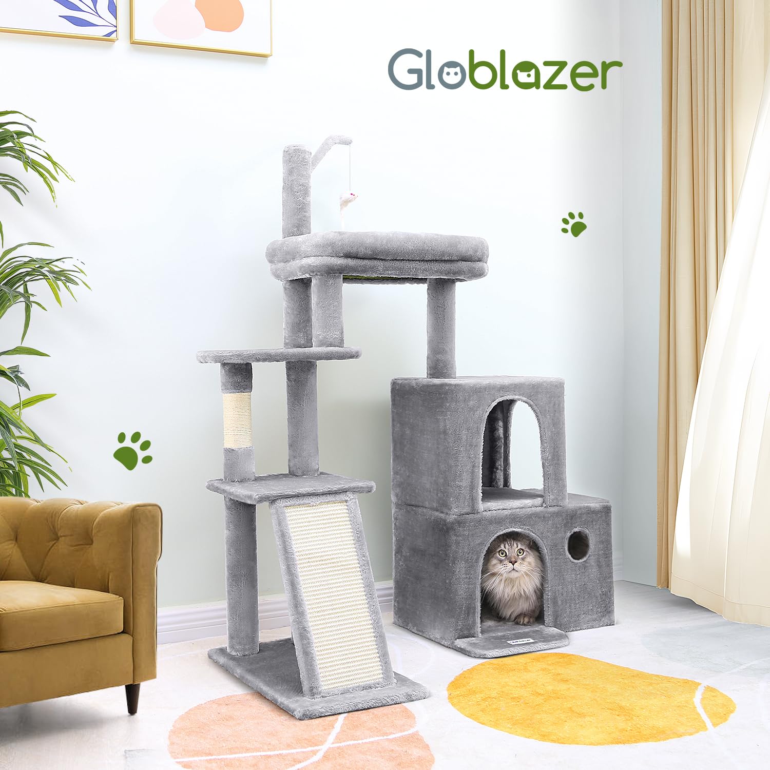Globlazer cat-tower light-grey-finish blends with decor while hiding wear