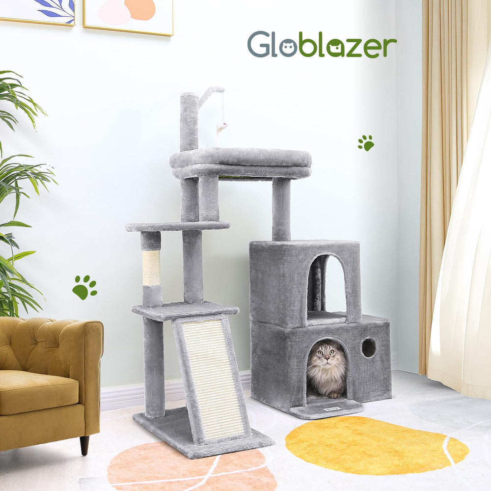 Globlazer cat-tower light-grey-finish blends with decor while hiding wear