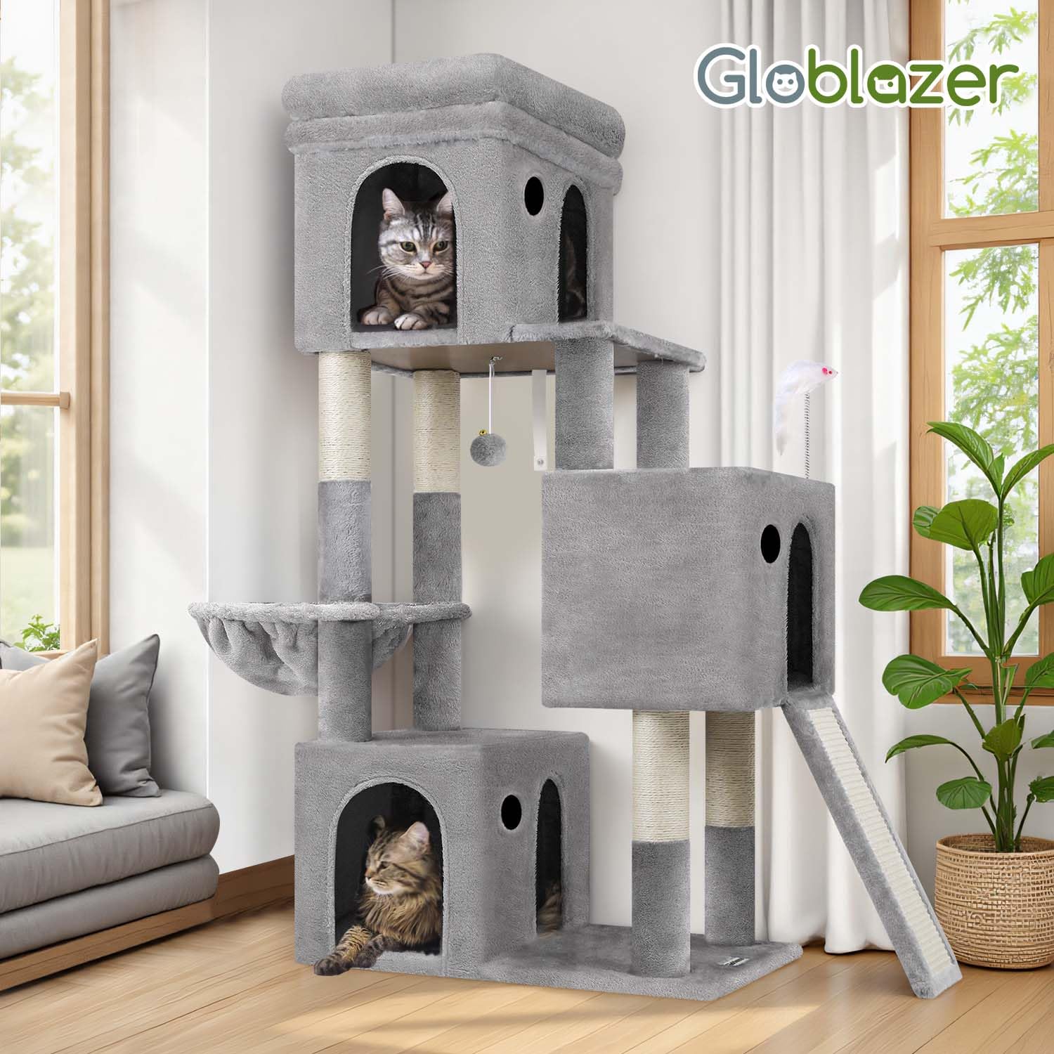 Globlazer cat tower easy-assembly kit speeds setup with labeled parts