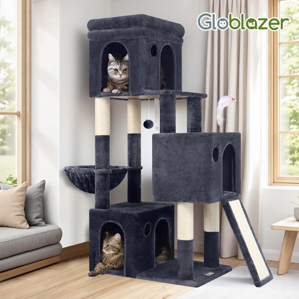 Globlazer cat-tower multi-cat-play image demonstrates varied levels for interactions.