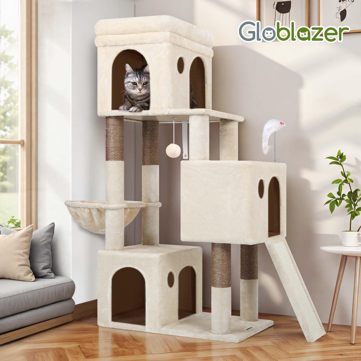 Globlazer cat tower includes plush toys for engaging play sessions.