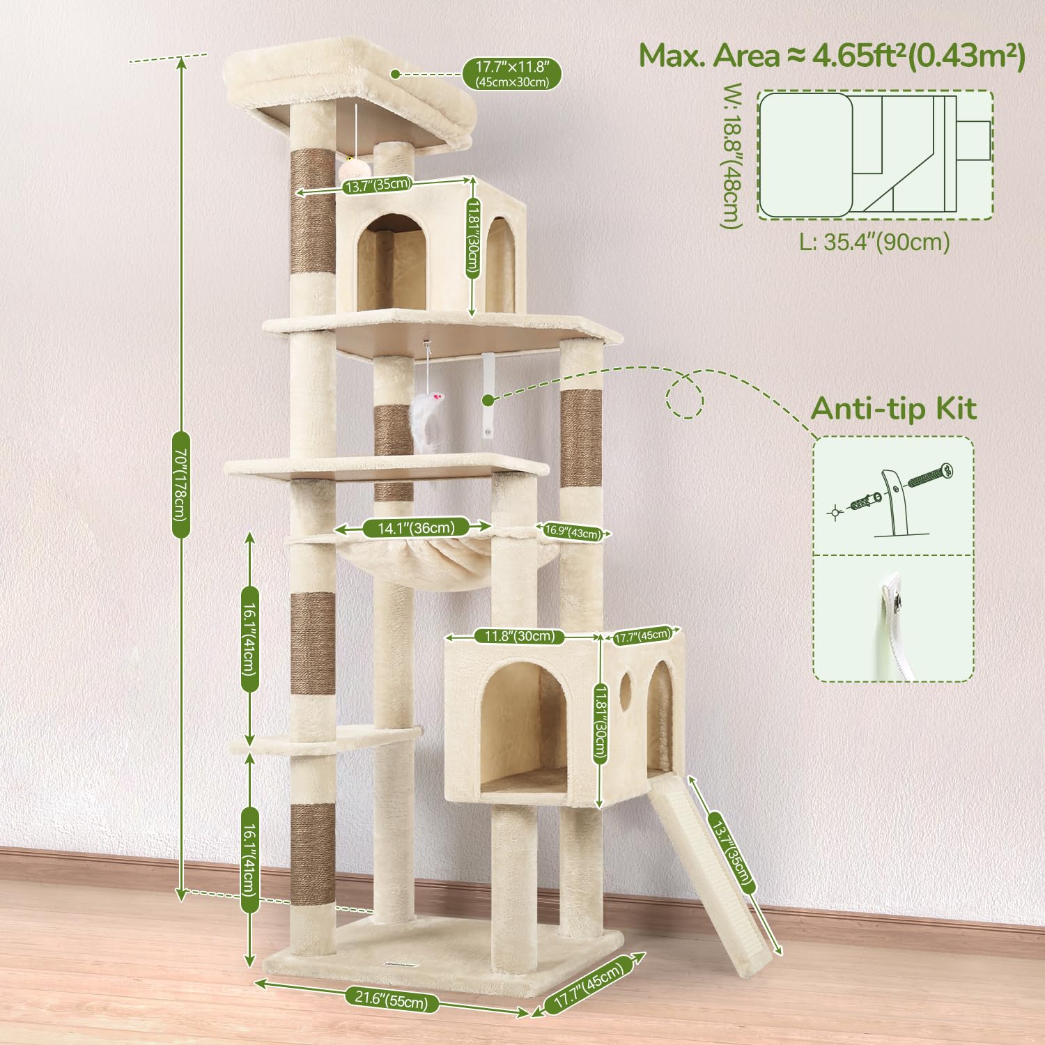 Globlazer 70-inch tall cat tree fits spacious indoor spaces while keeping cats active.