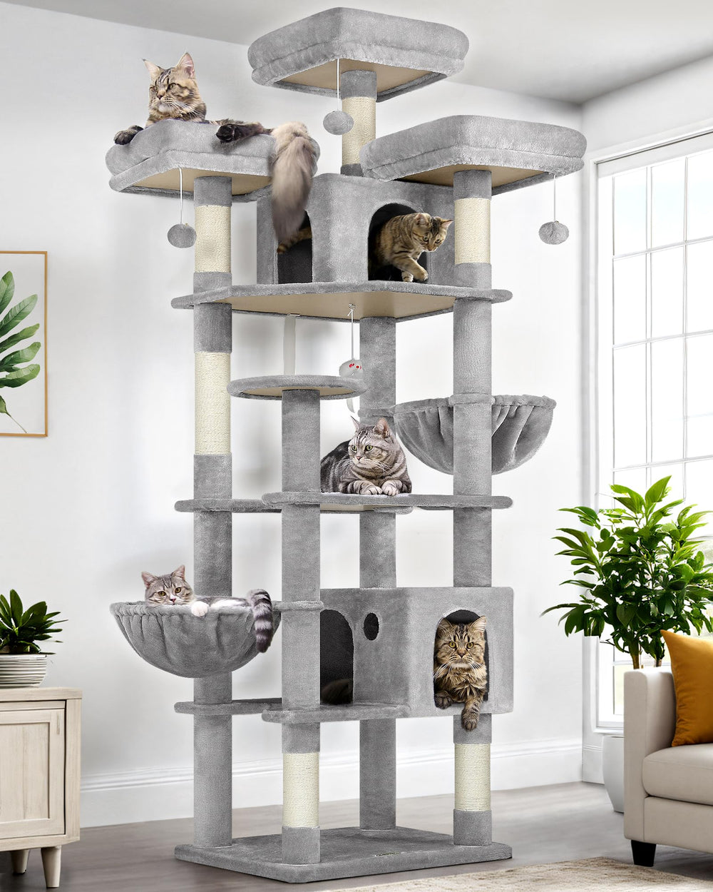 Globlazer 82-inch tall cat tree provides elevated viewing for multi-cat households.