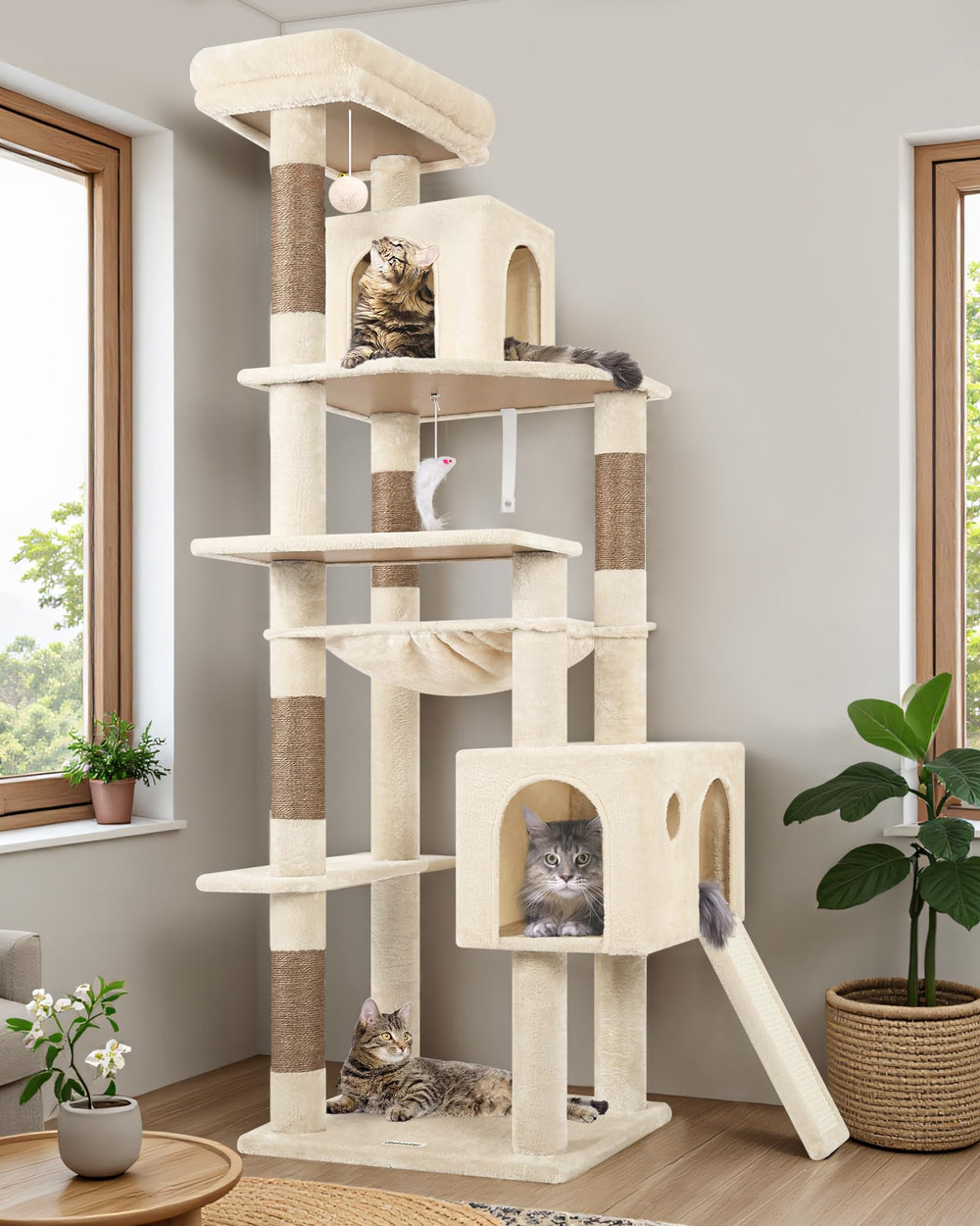 Globlazer beige finish cat tree blends with décor and daily lounging.