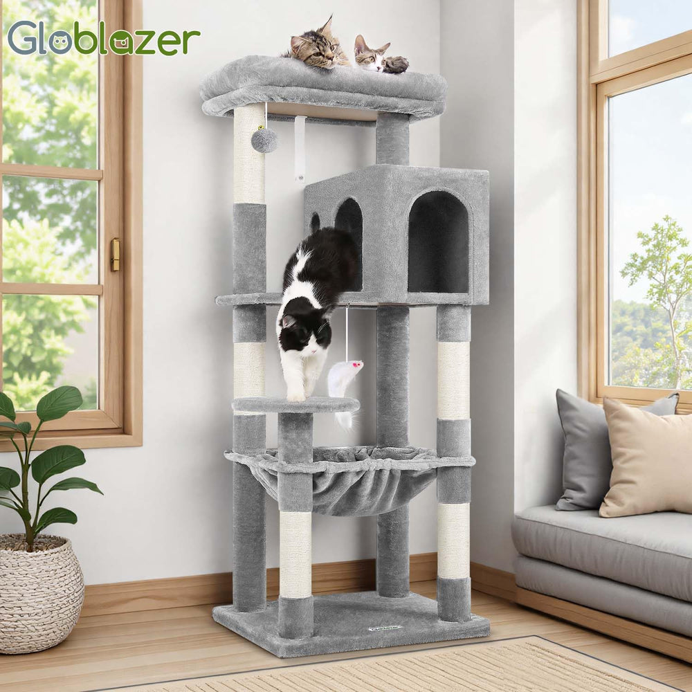 Globlazer cat tree closeup highlighting plush fabric and craftsmanship.