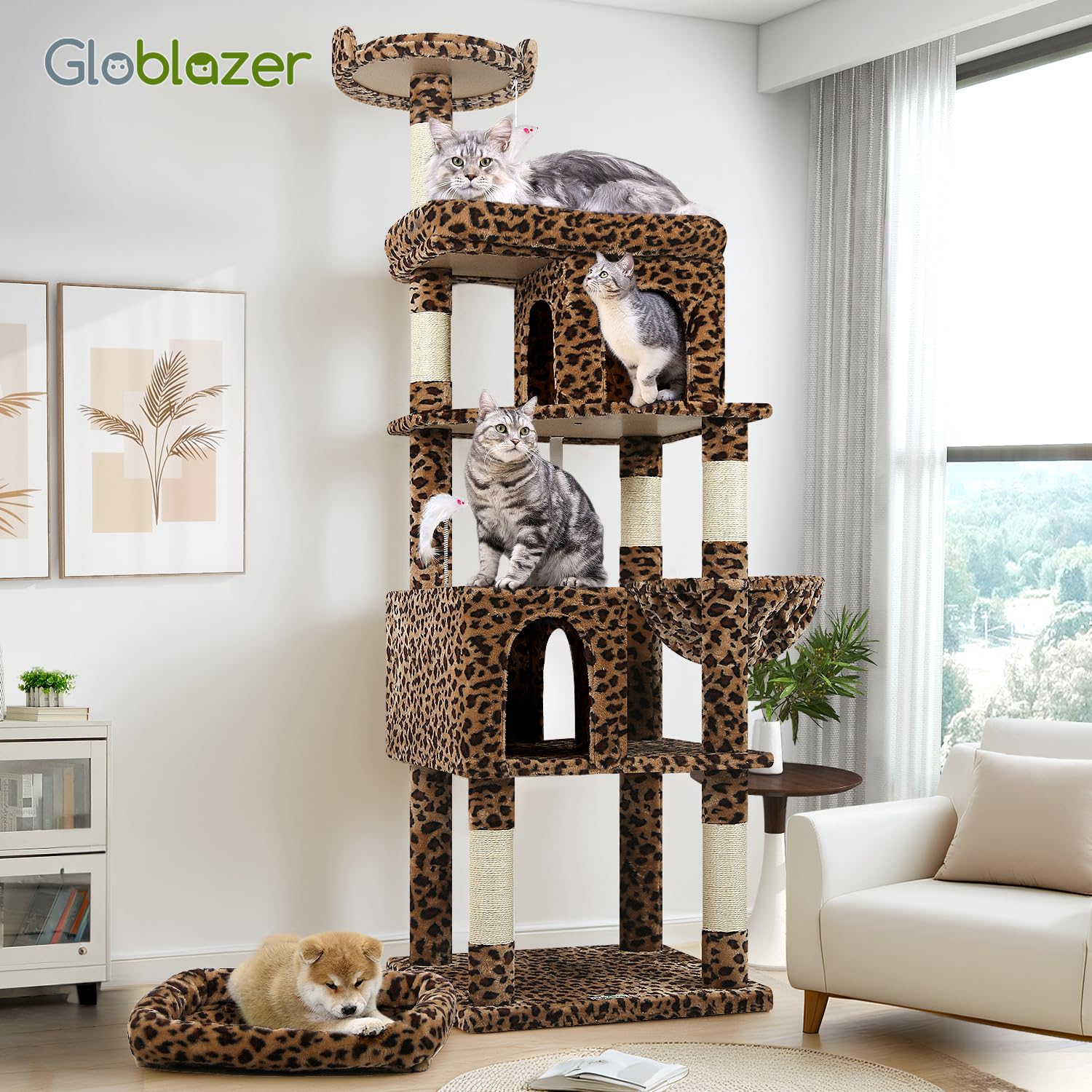 Globlazer leopard-print-tower full-setup image showcases complete cat playground for big cats