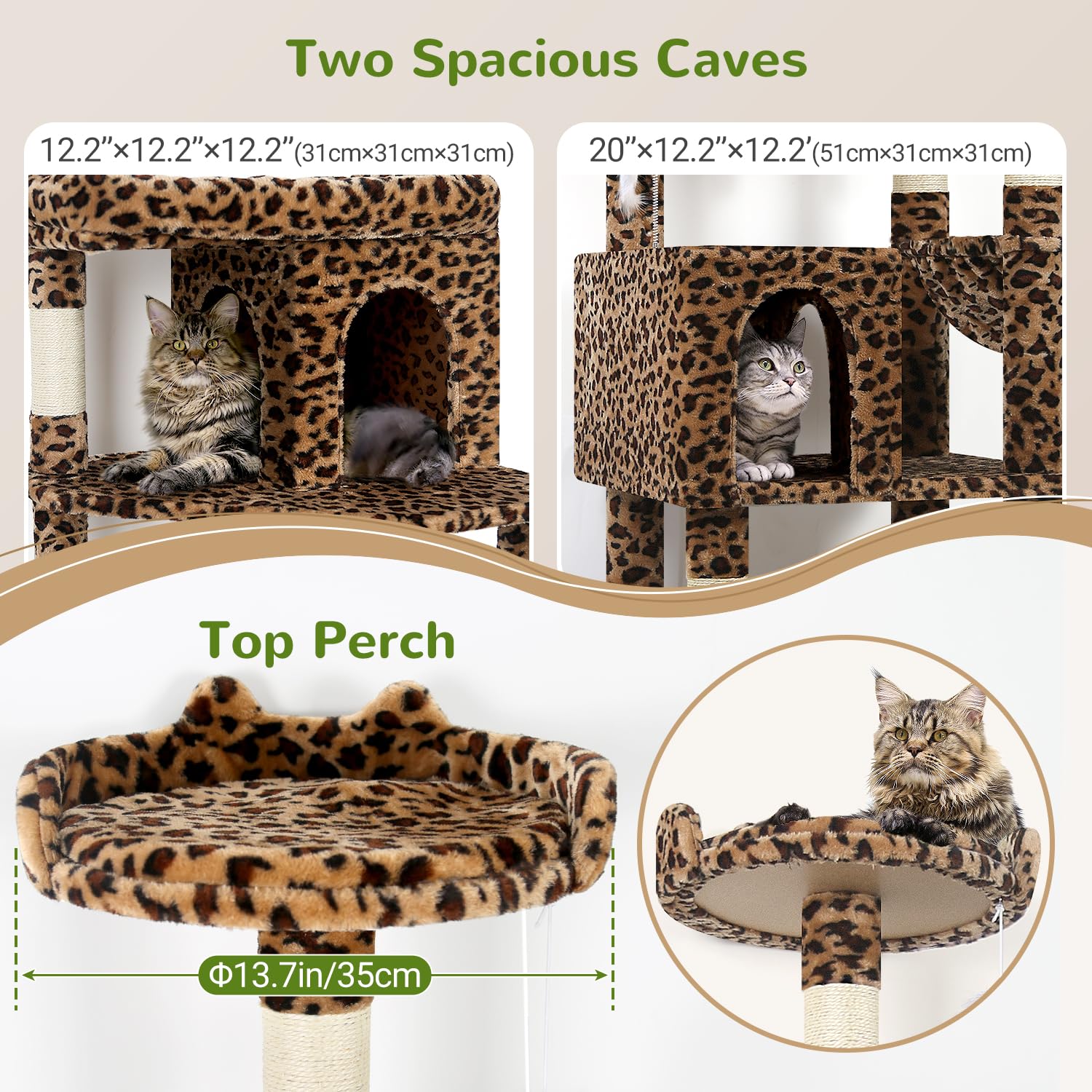 Globlazer leopard print cat tree oversized-platform close-up emphasizes spacious lounging area for large cats