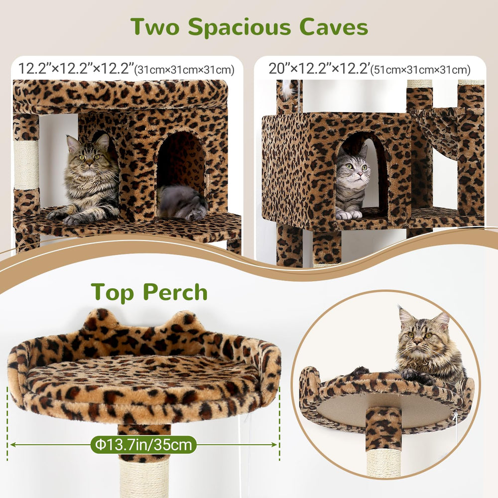 Globlazer leopard print cat tree oversized-platform close-up emphasizes spacious lounging area for large cats