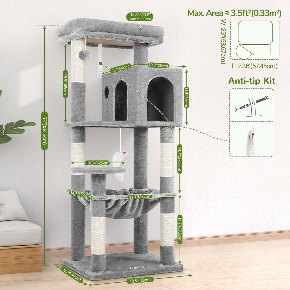 Globlazer cat tree side view showing sturdy multi‑level design in a living space.