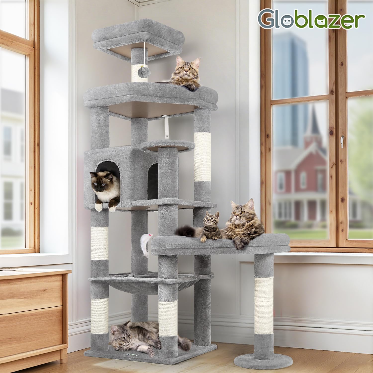 Globlazer Cat Tree stable base design reduces wobble for multi-cat households.