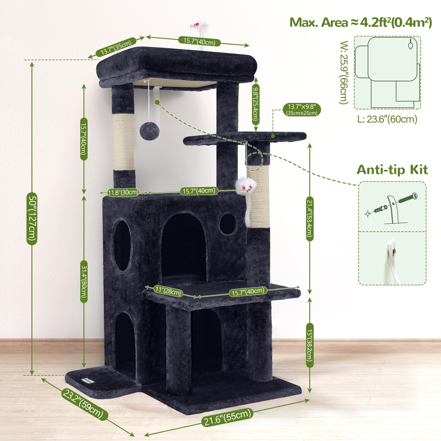 Globlazer Cat Tree Tower 50-inch cave entry invites cozy retreats for indoor cats.