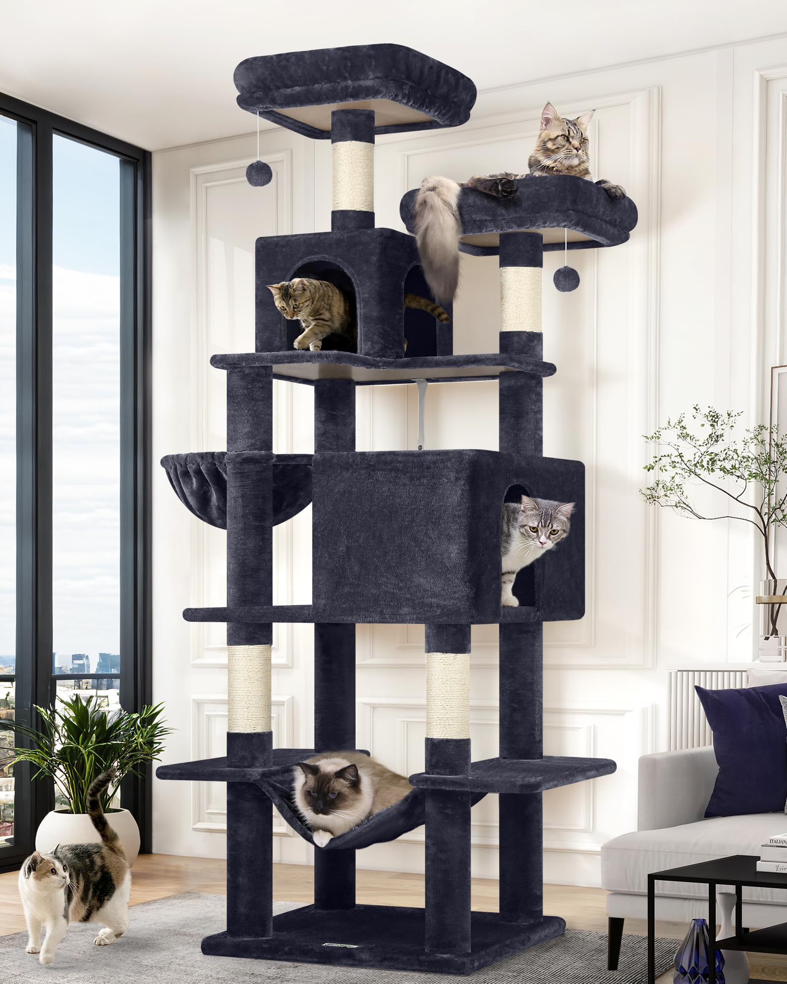 Globlazer cat tree tower 76-inch side view highlighting tall height for safe feline climbing and lounging.