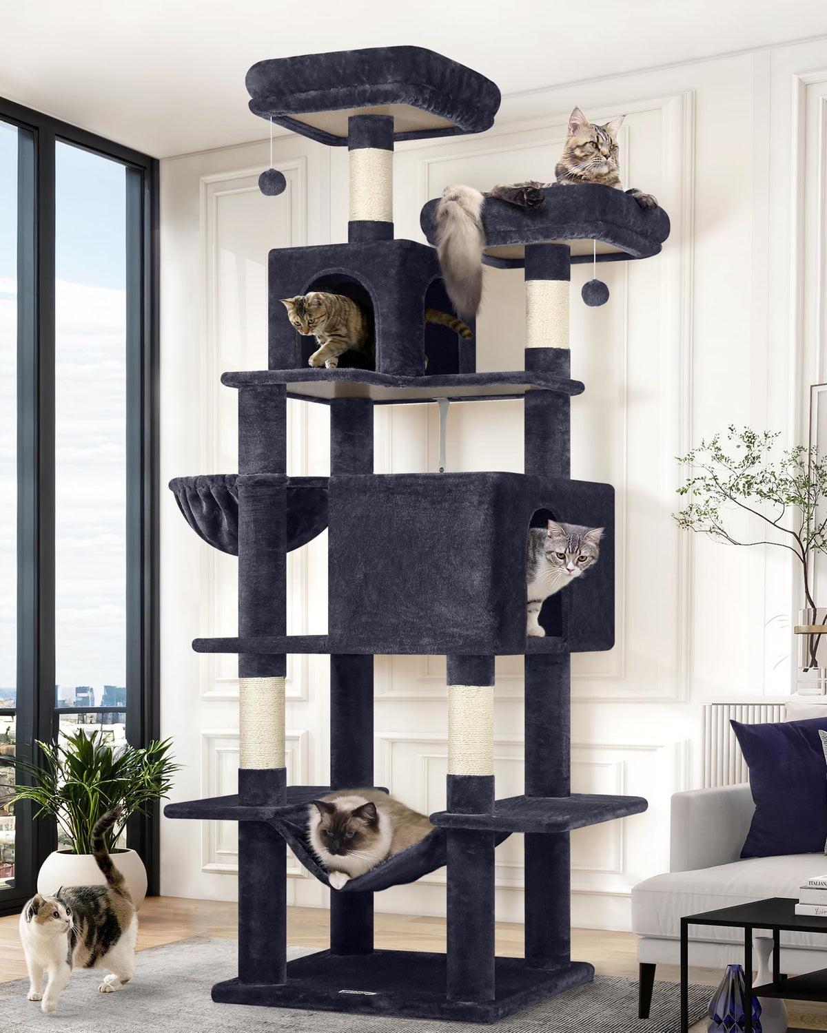 Globlazer cat tree tower 76-inch side view highlighting tall height for safe feline climbing and lounging.