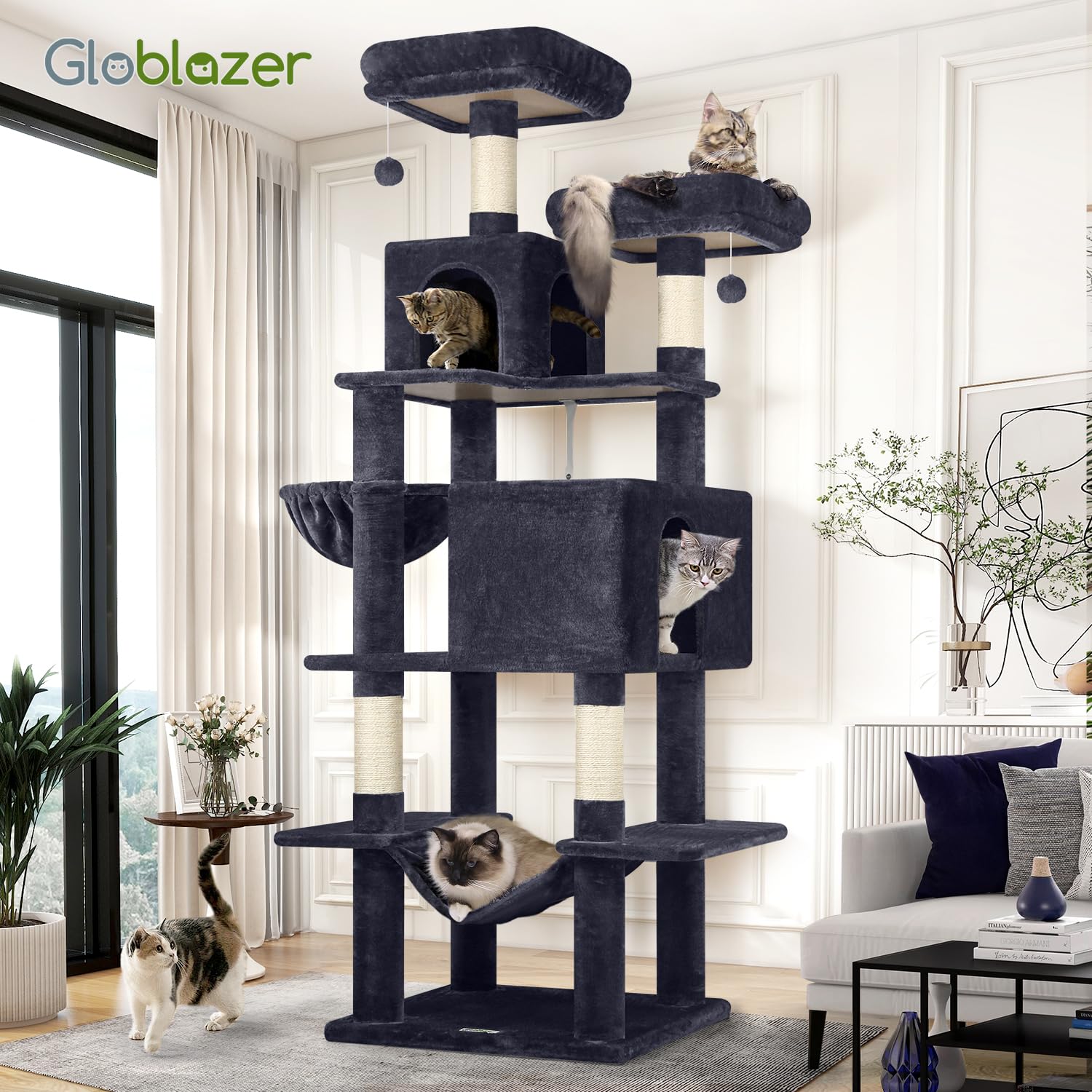 Globlazer cat tree tower multi-cat play area image illustrating energy burning and enrichment.