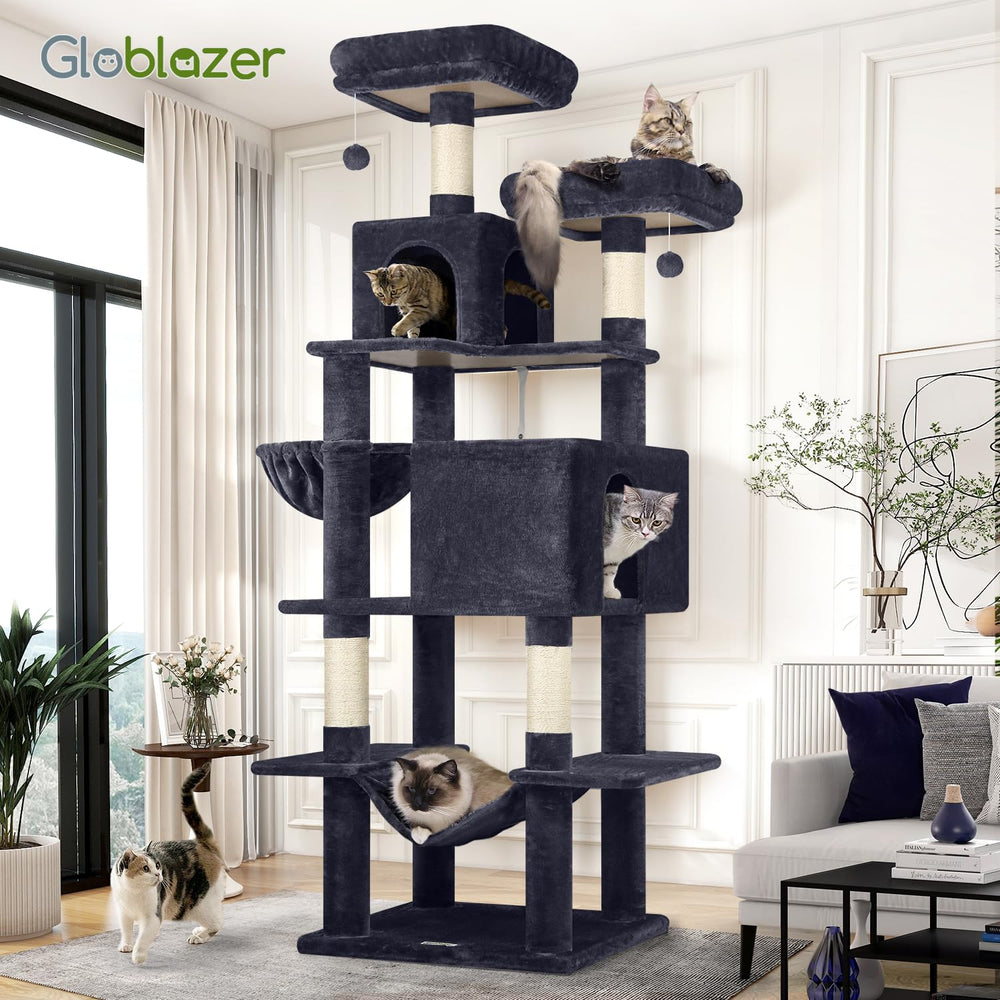Globlazer cat tree tower multi-cat play area image illustrating energy burning and enrichment.