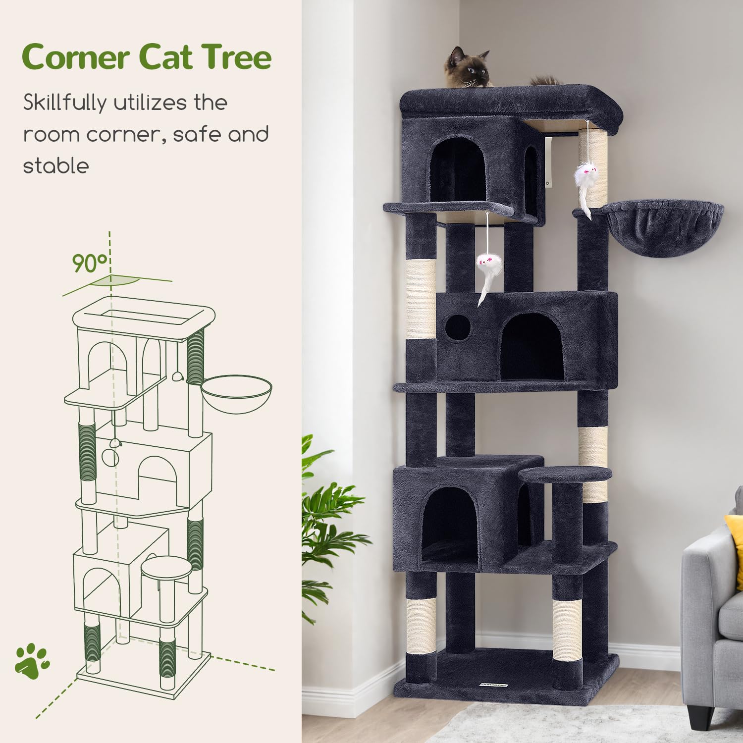 Globlazer Corner Cat Tree 66-Inch dark-grey finish blends with décor