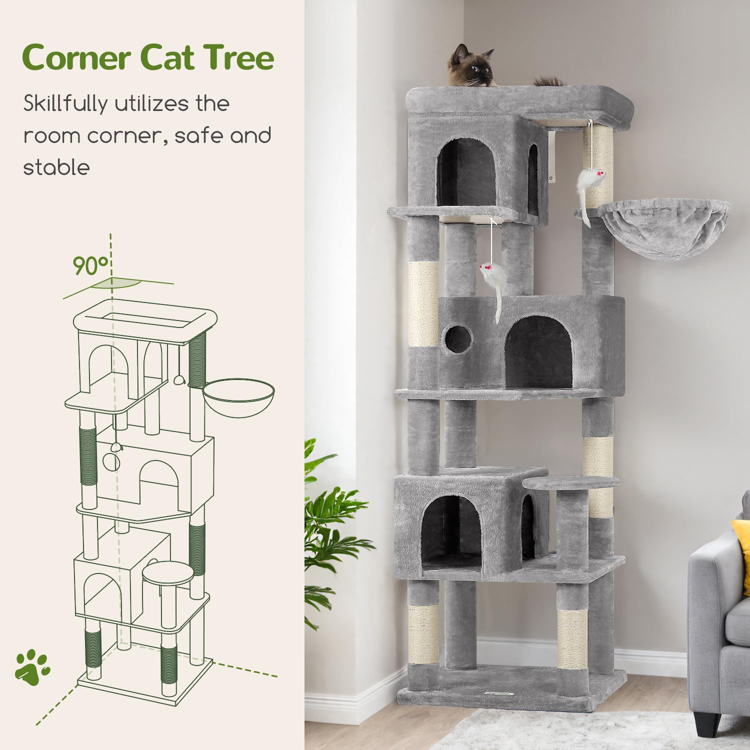 Globlazer Corner Cat Tree 66-inch height encourages exploration and exercise.