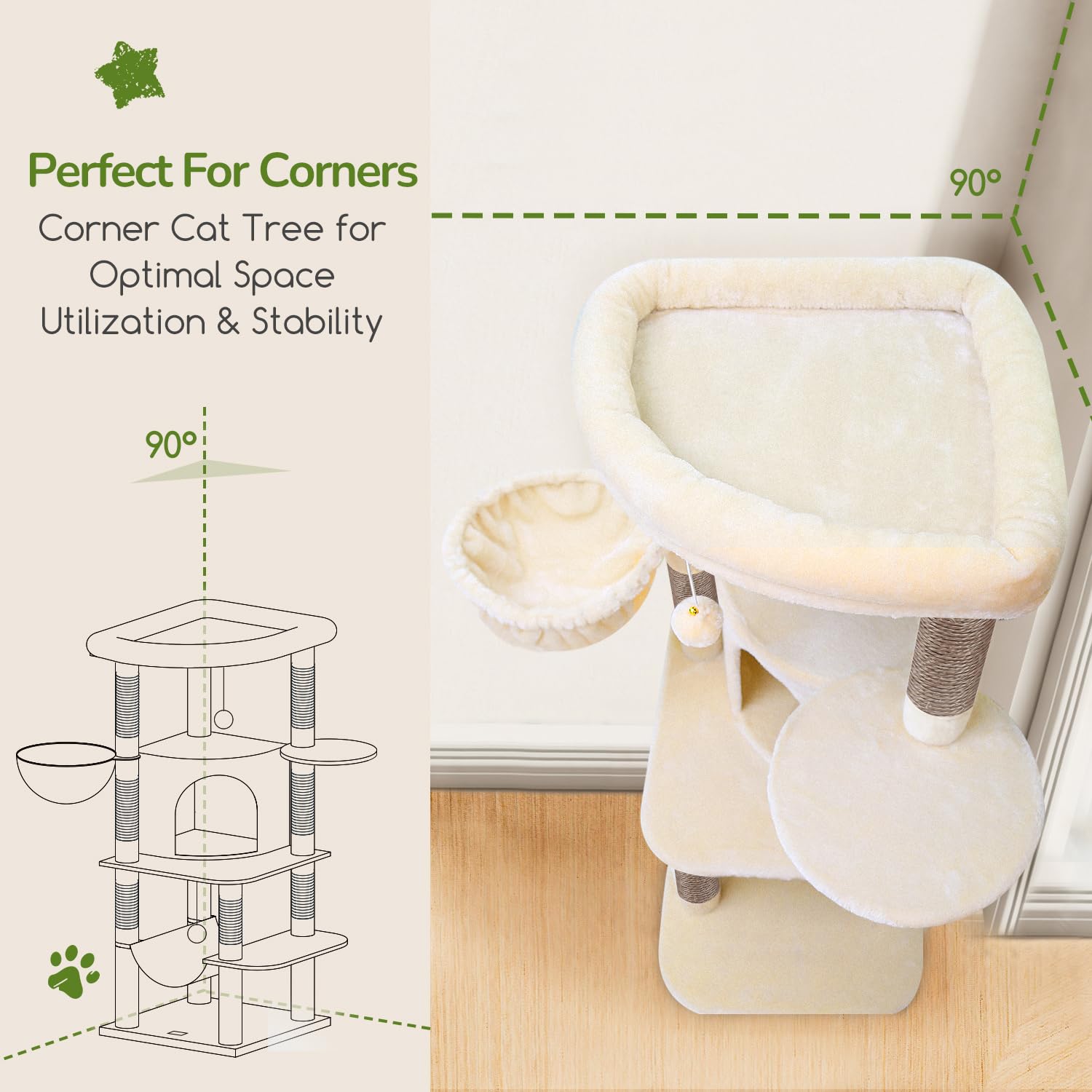 Globlazer corner cat tree height-51in offers an elevated vantage point for cats to survey space.