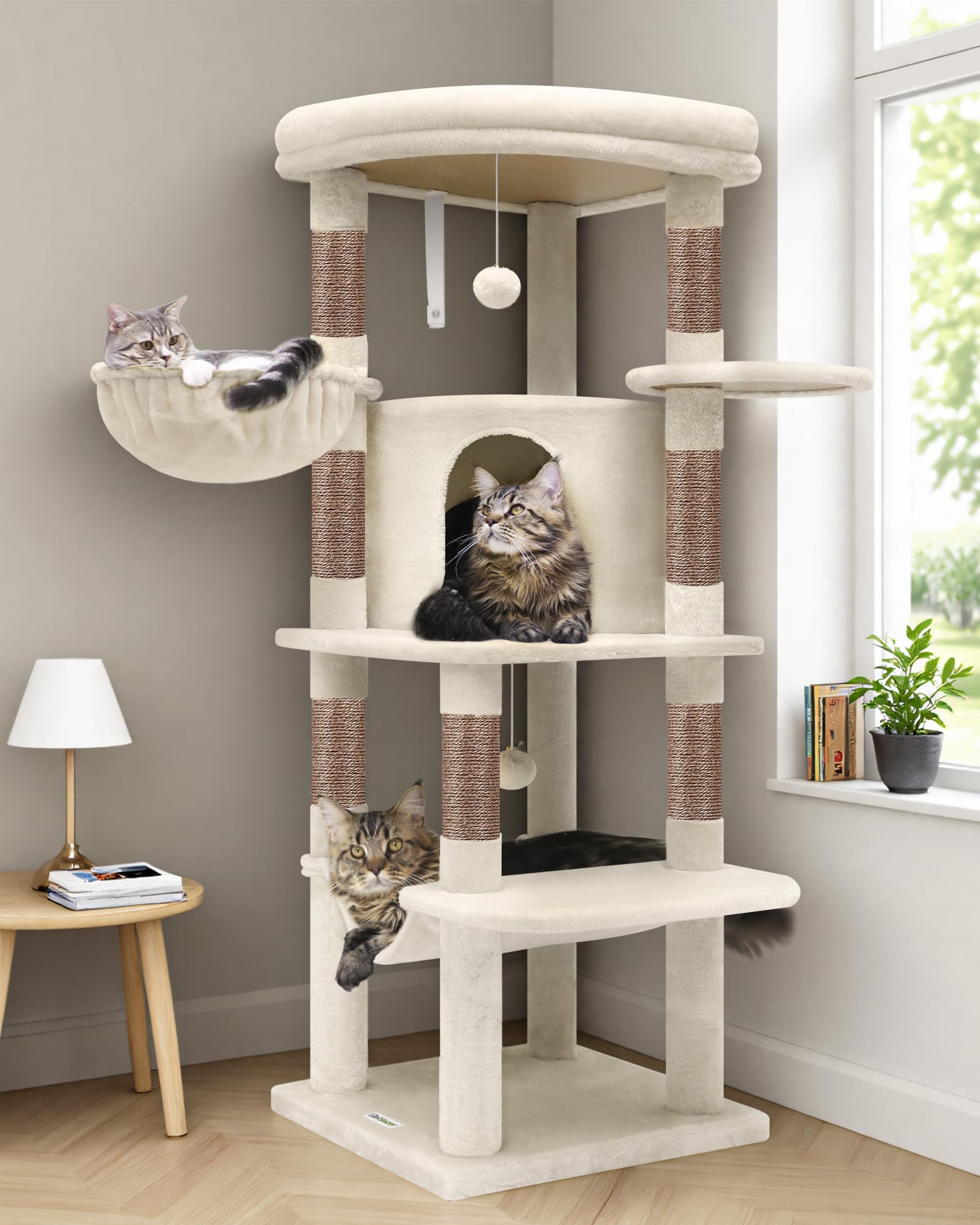 Globlazer corner cat tree top platform provides lounging and observation from height.