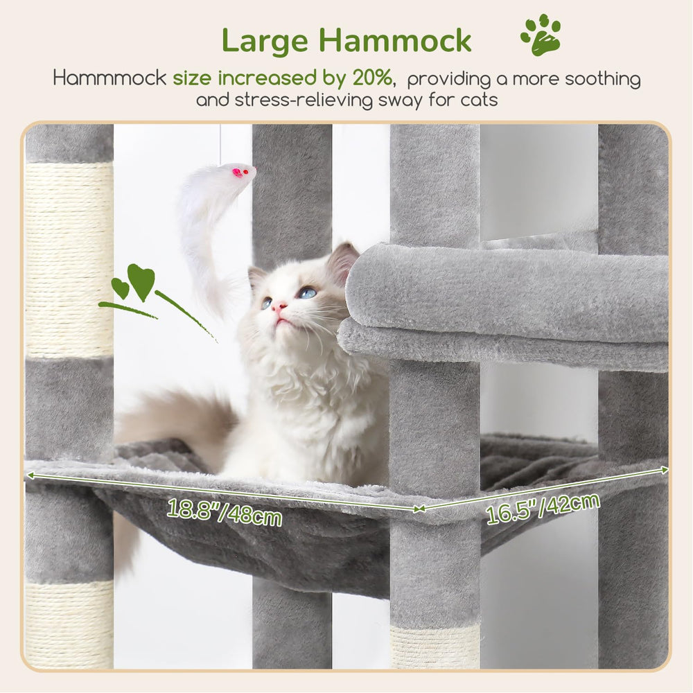 Globlazer Extra Large Platform Cat Tree with hanging balls and mouse toys for enrichment.
