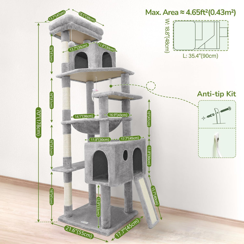 Globlazer F70 Pro side view highlights sturdy 70-inch tall structure for growing cats.