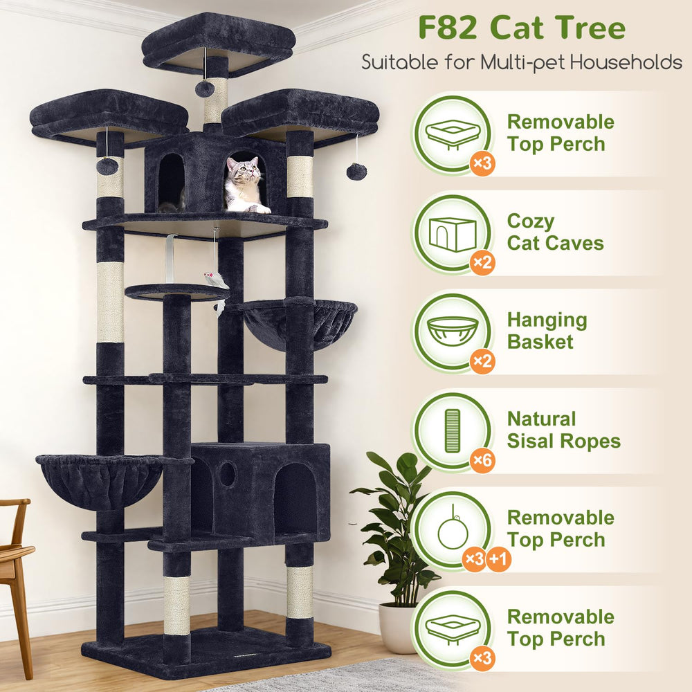 Globlazer F82 cat tree with two hanging baskets offers cozy elevated rests.