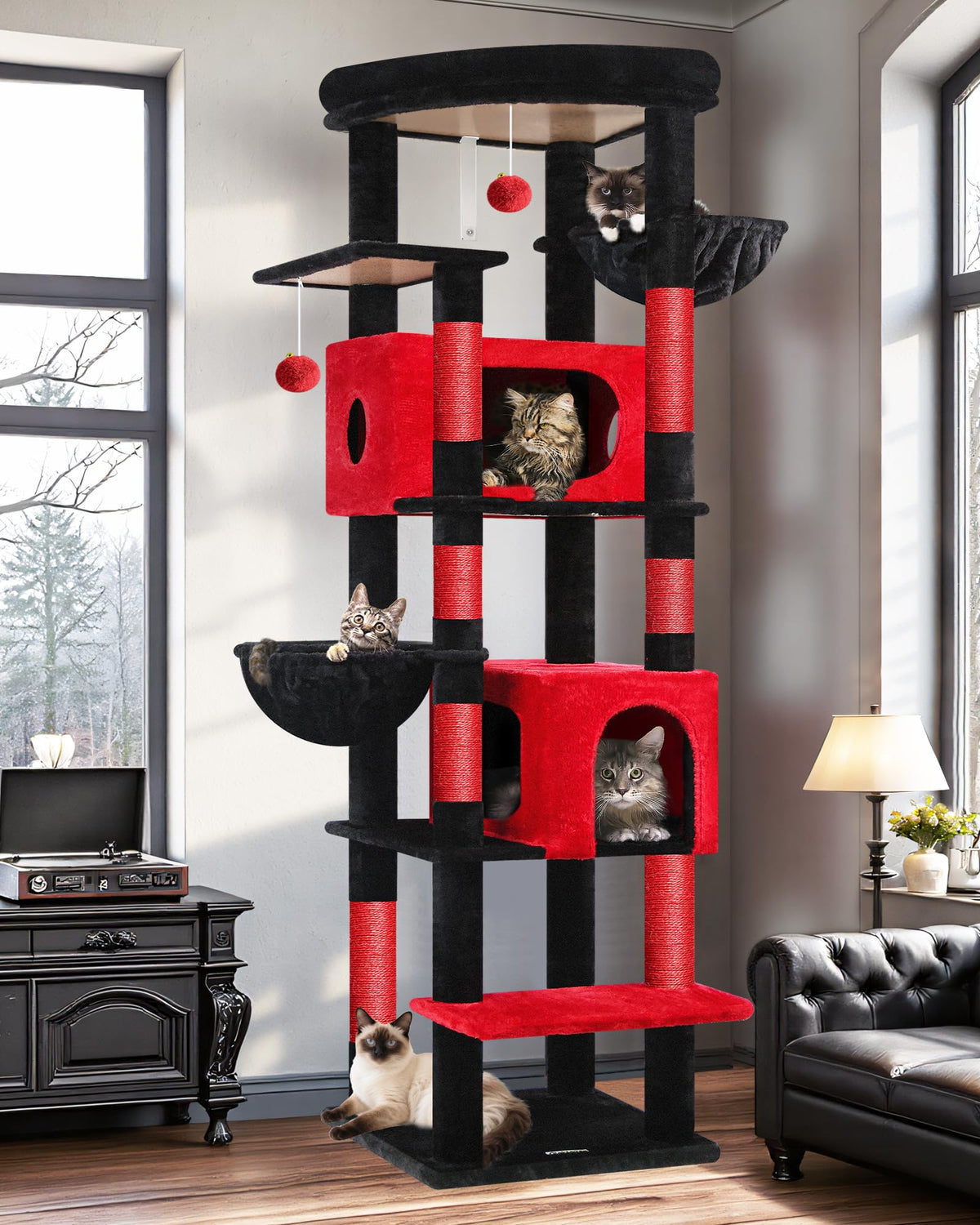 Globlazer Gothic Cat Tree 74in front view shows dramatic black and red design for multi-cat homes