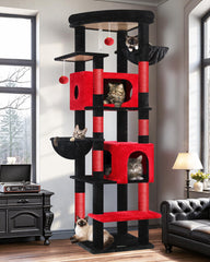 Globlazer Gothic Cat Tree 74in front view shows dramatic black and red design for multi-cat homes