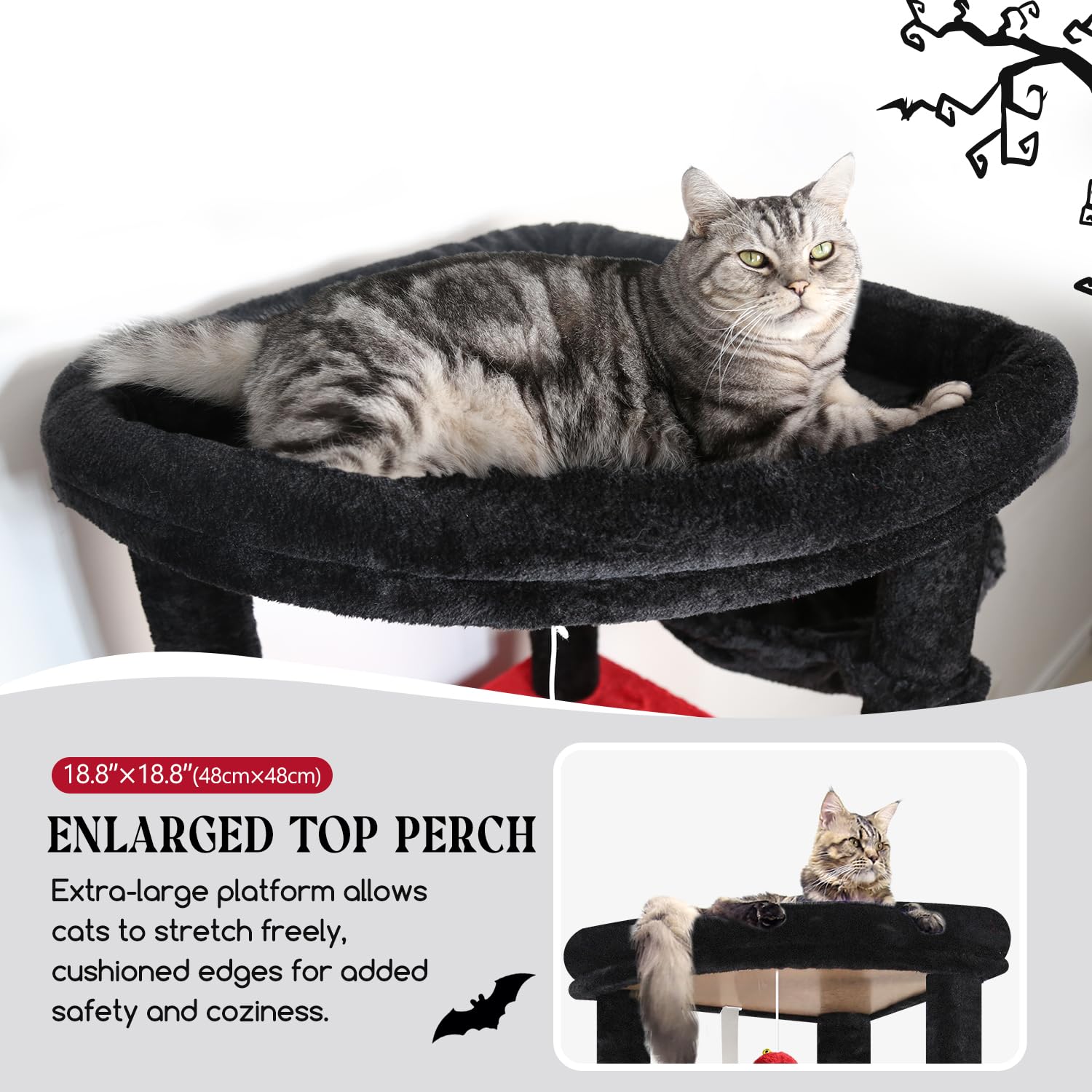 Globlazer Gothic Cat Tree condos closeup reveals padded interiors for comfortable naps