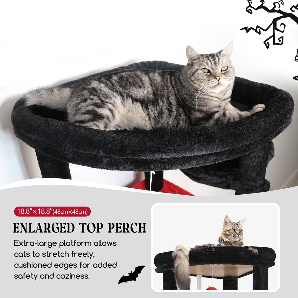 Globlazer Gothic Cat Tree condos closeup reveals padded interiors for comfortable naps