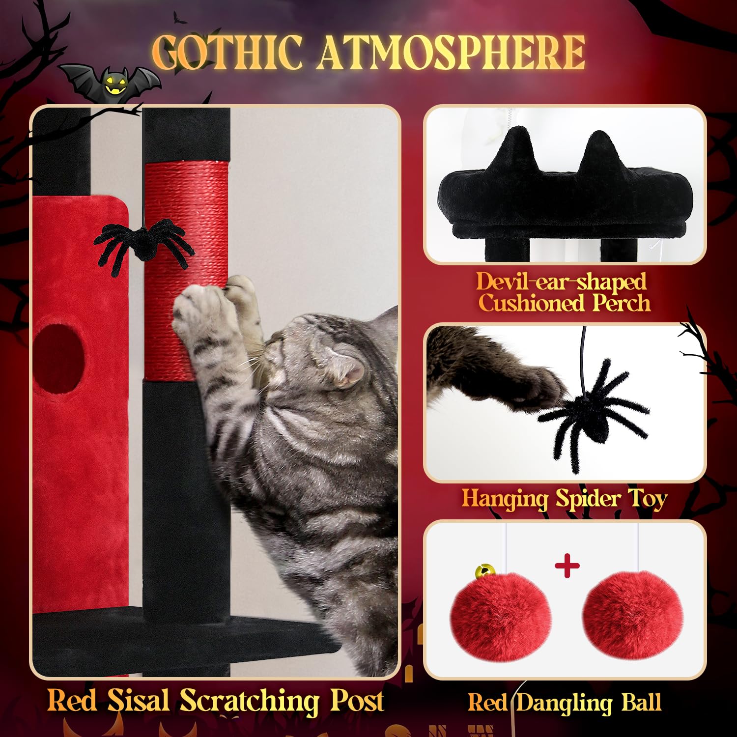 Globlazer Gothic Cat Tree dangling toys encourage playful interaction and exercise.