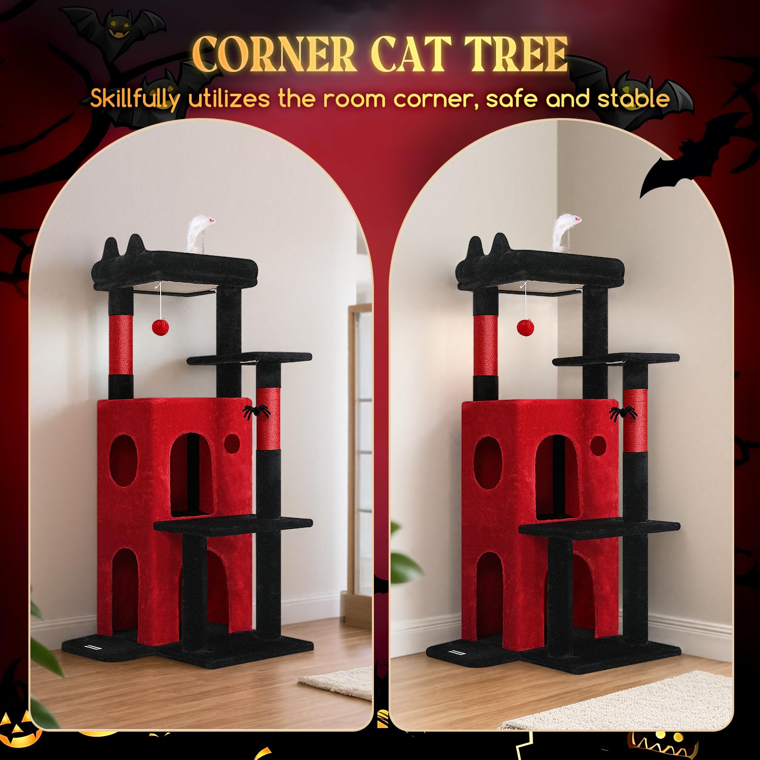 Globlazer Gothic Cat Tree double condos offer cozy hideaways for restful afternoons.