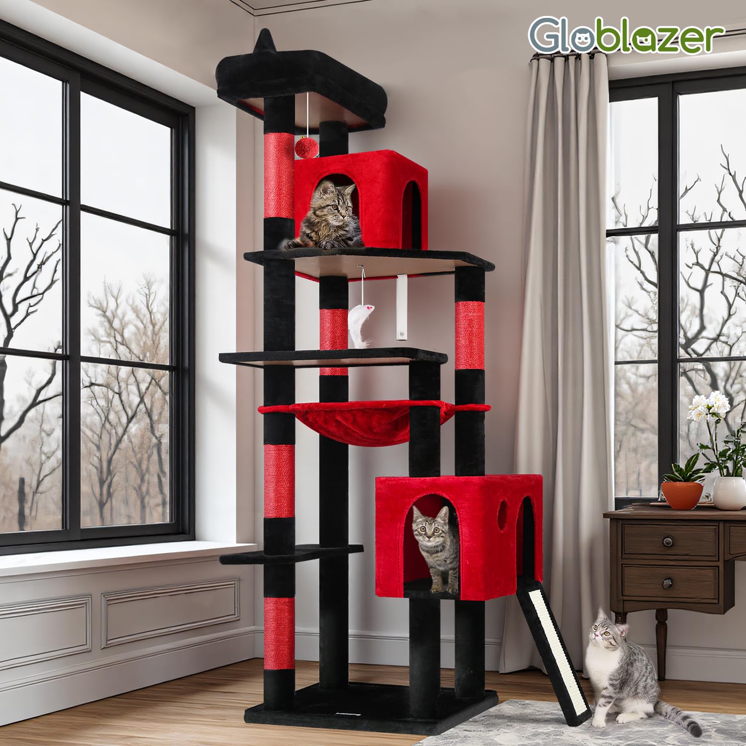 Globlazer Gothic cat tree red and black design complements modern gothic spaces.