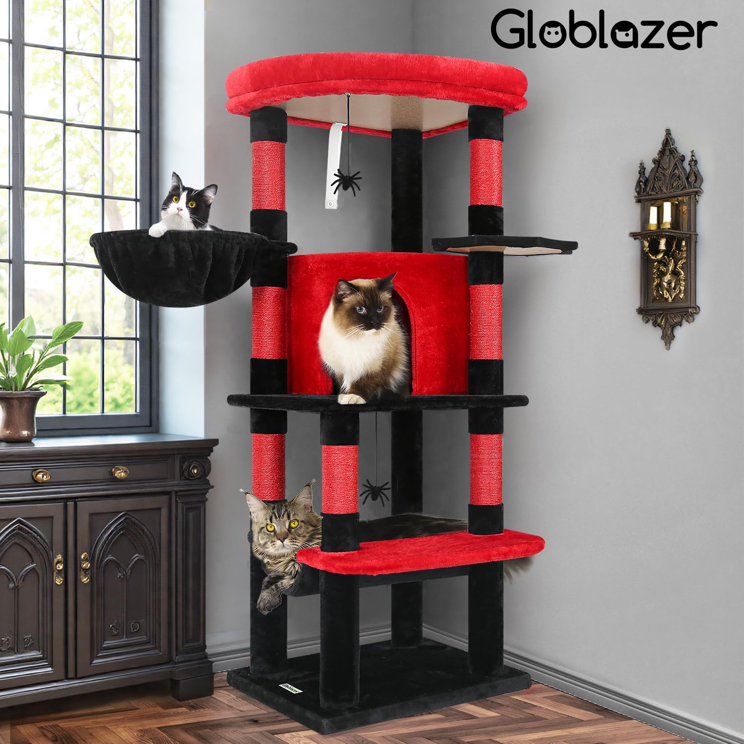 Globlazer Gothic Corner Cat Tree Tower red-black design adds dramatic decorative value.