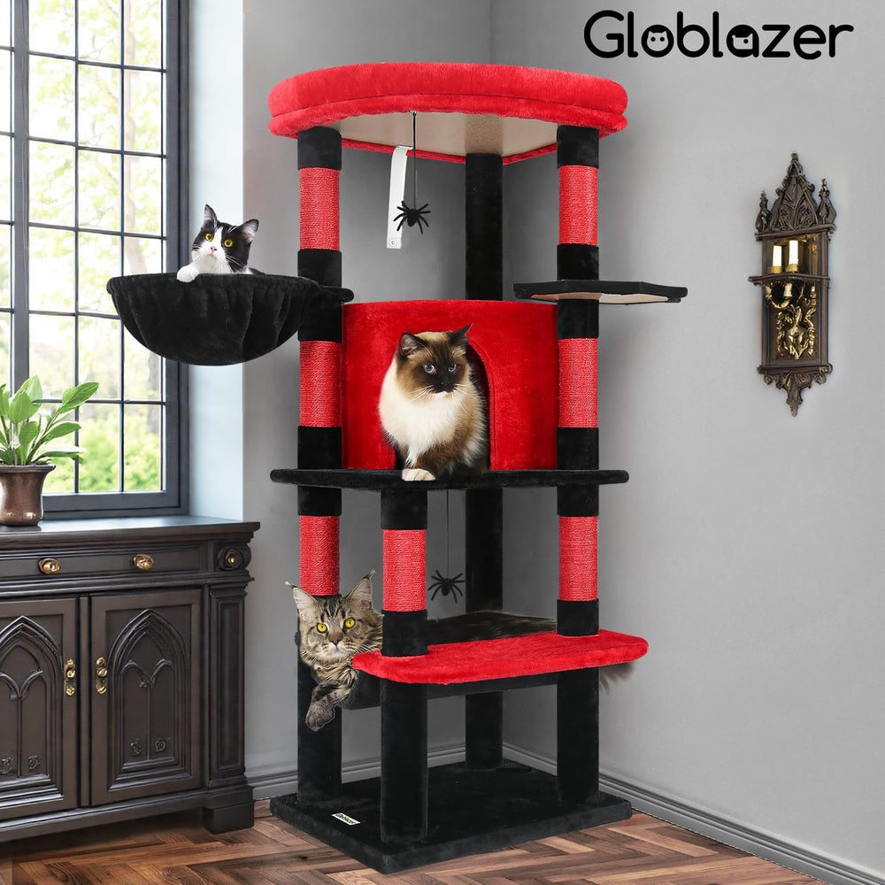 Globlazer Gothic Corner Cat Tree Tower red-black design adds dramatic decorative value.