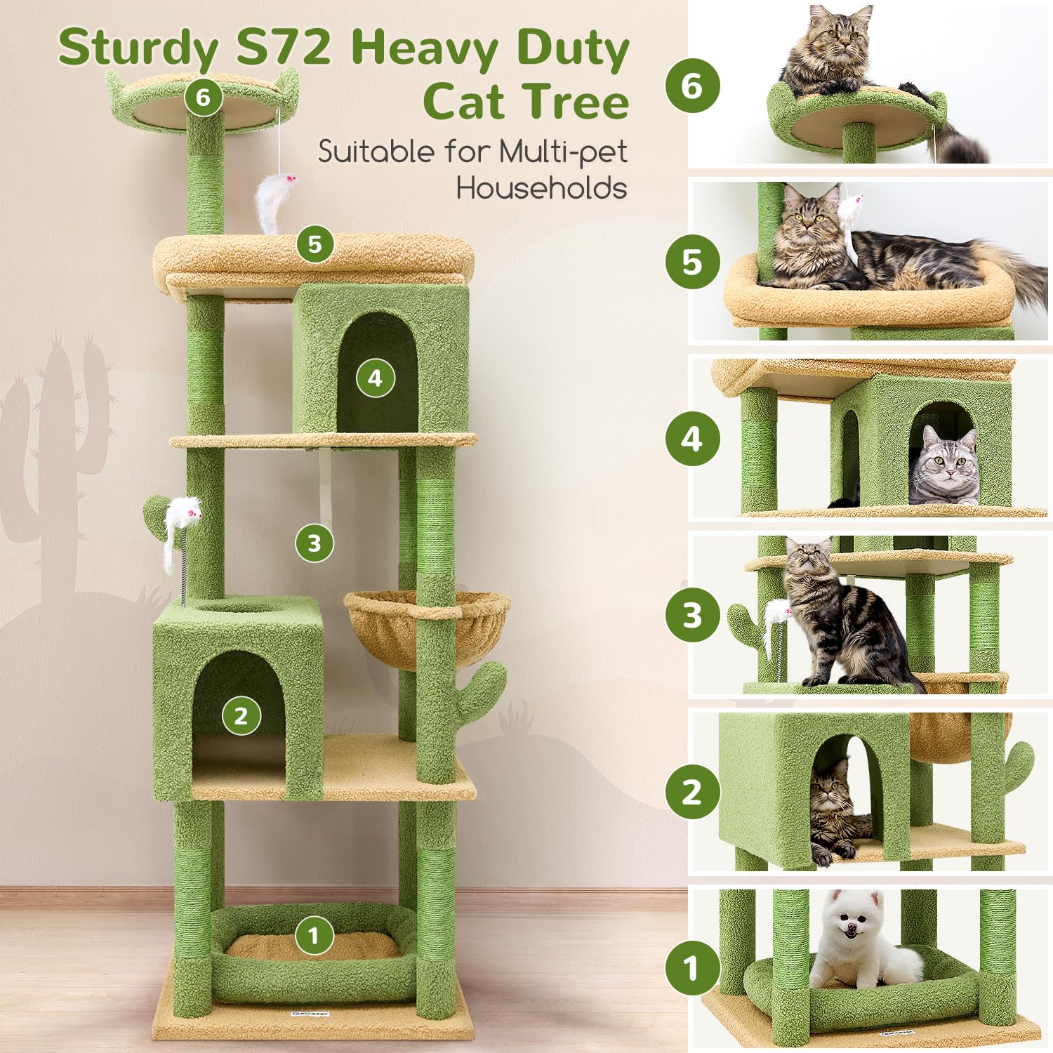 Globlazer cactus cat tree 72in side view highlights tall height for elevated observation.