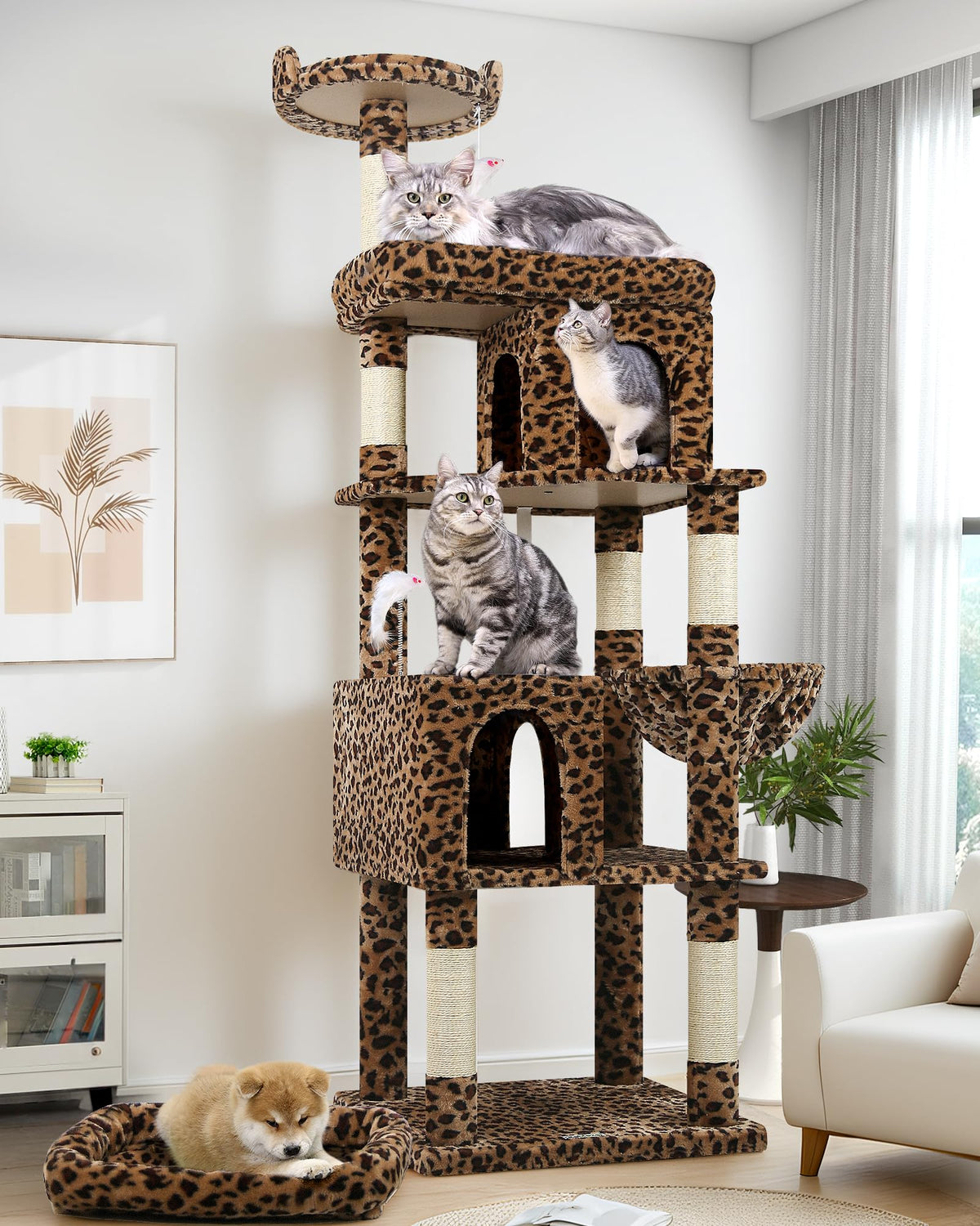 Globlazer heavy duty cat tree 72in leopard front view shows a sturdy multi-level perch for climbing and lounging