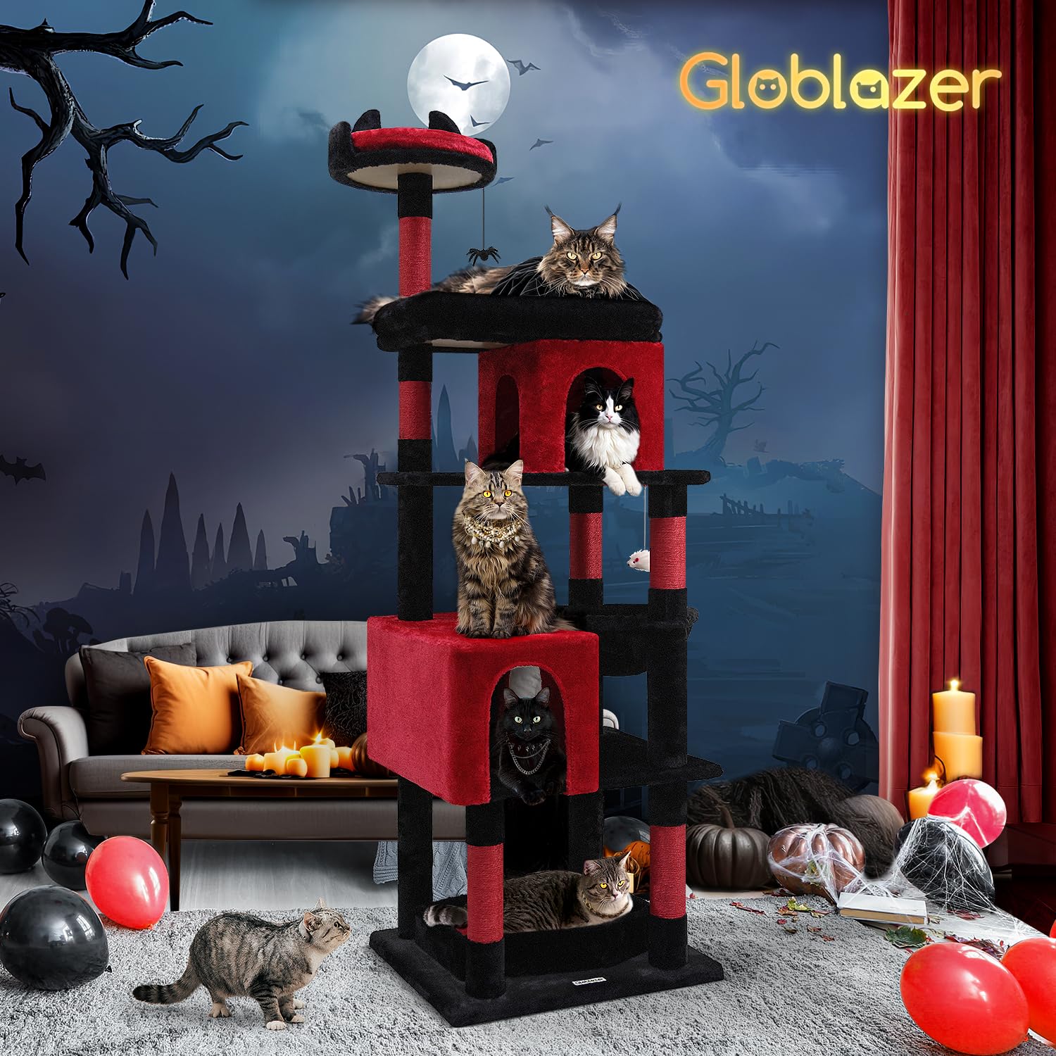 Globlazer room-setup image shows the gothic cat tree as a bold decor centerpiece.