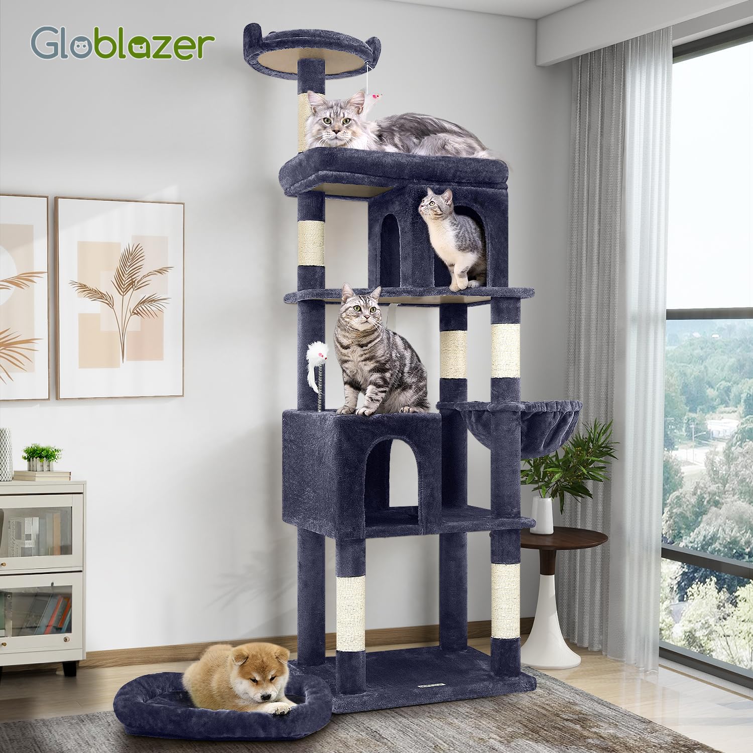 Globlazer independent pet bed extends cozy lounging beyond the tower.