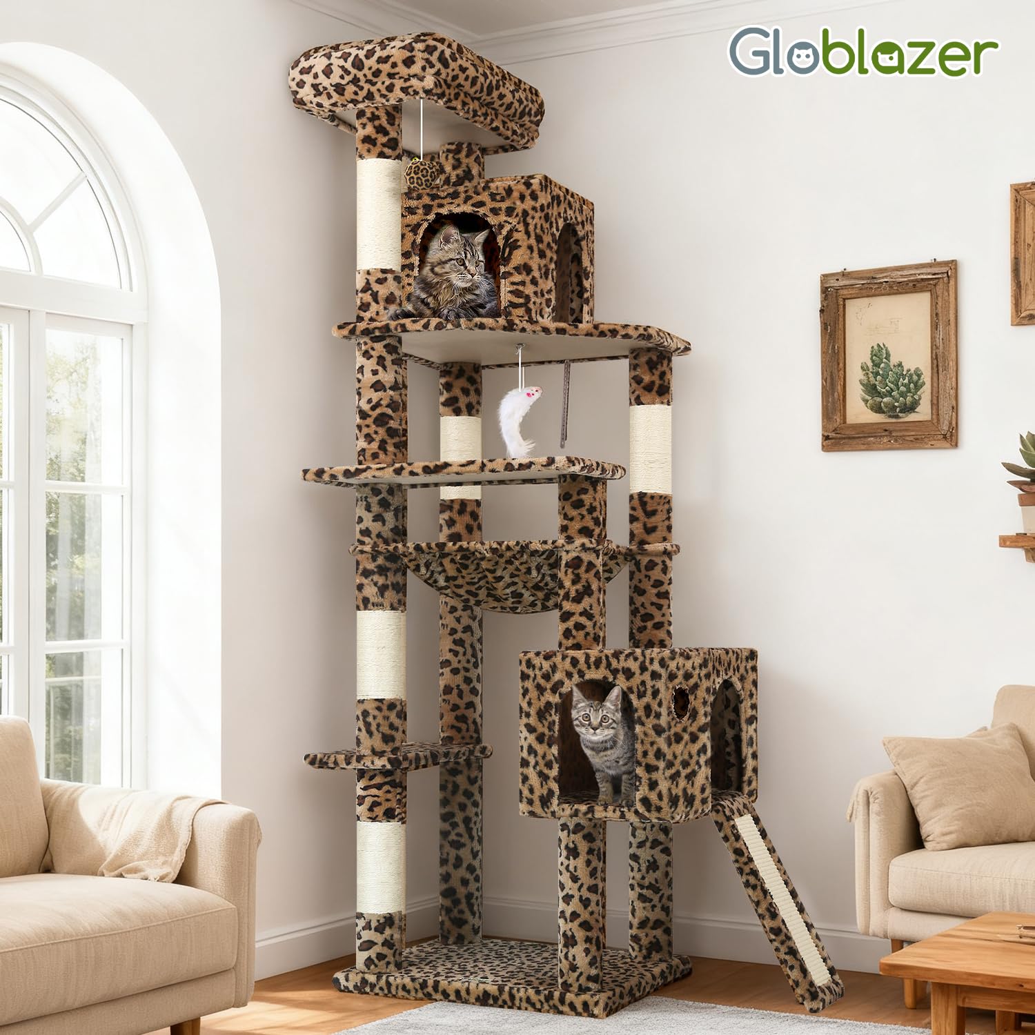 Leopard-print finish on Globlazer heavy-duty cat tree adds stylish home décor