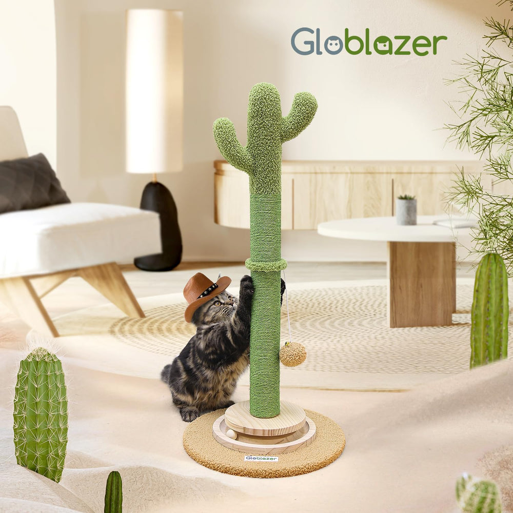 Globlazer wooden ball-tracking feature invites playful chasing during indoor cat fun